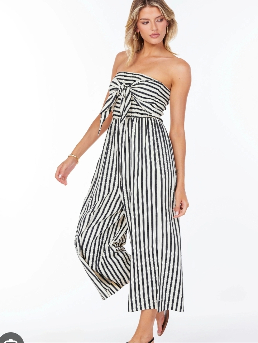Striped Strapless Wide-Leg Jumpsuit - Blue & White